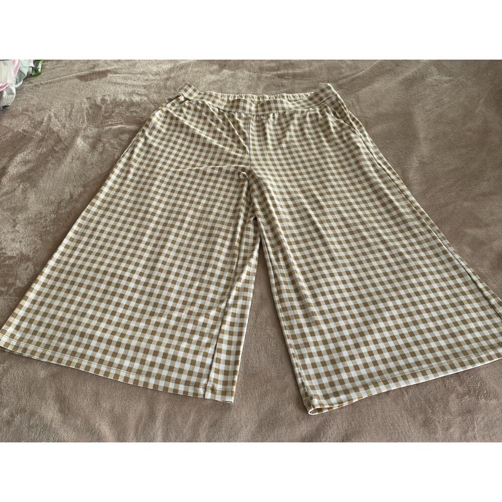 Susan Graver Printed Liquid Knit Pull-On Culotte Pants Brown Check Med Petite